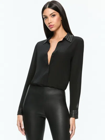 Alice And Olivia Willa Oversized Button Down With Grommet Detail In Black