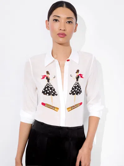 Alice And Olivia Willa Placket Top In I Am Woman Off White