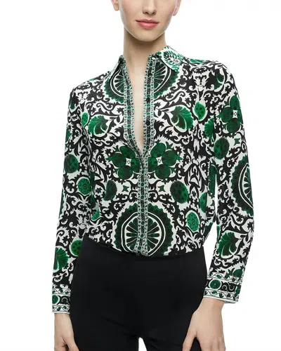 Alice And Olivia Willa Placket Top In Monarch Light Emerald Small In Green