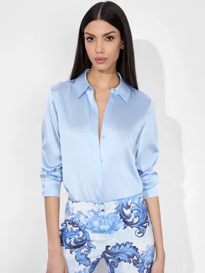 Alice And Olivia Willa Placket Top In Mineral Blue