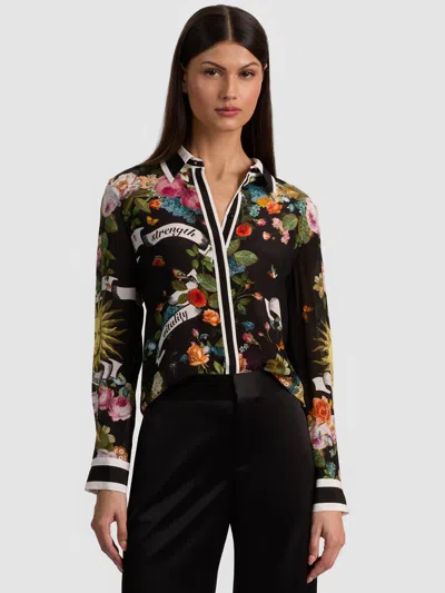 Alice And Olivia Floral Collared Silk Shirt In Black