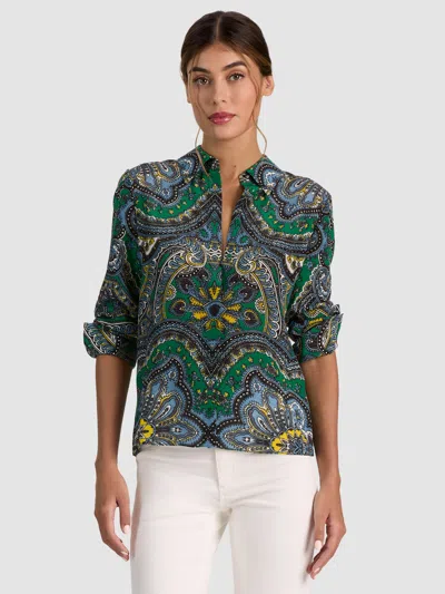 Alice And Olivia Willa Silk Blouse In Bon Voyage Deep Emerald