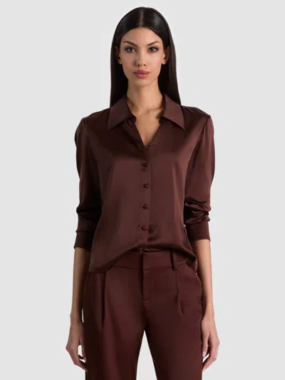 Alice And Olivia Willa 70s Collar Placket Top In Brown