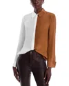 Alice And Olivia Alice + Olivia Willa Colorblock Silk Button-up Shirt In Off White/camel