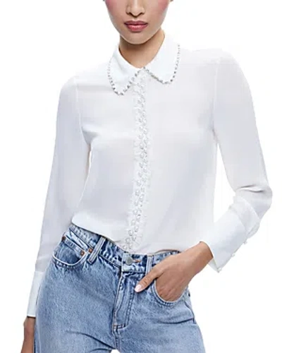 Alice And Olivia Willa Silk Embellished Blouse In Off White