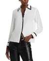 Alice And Olivia Willa Silk Placket Top With Piping Detail In Off White/black