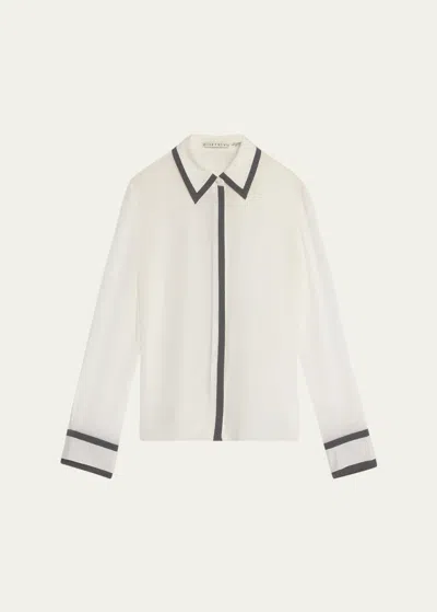 Alice And Olivia Willa Silk Placket Top With Piping Detail In Off White/black