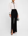 Alice And Olivia Willa Silk Placket Top With Piping Detail In Off Whiteblack