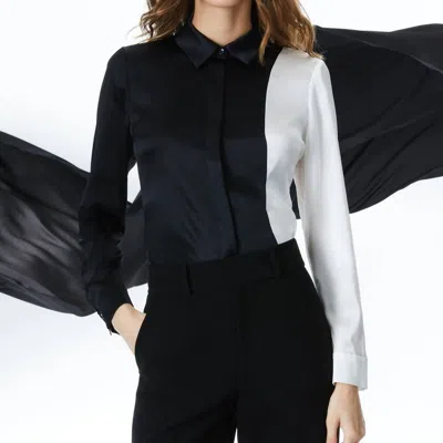 Alice And Olivia Willa Stretch Silk Color Block Long Sleeve Shirt In Black
