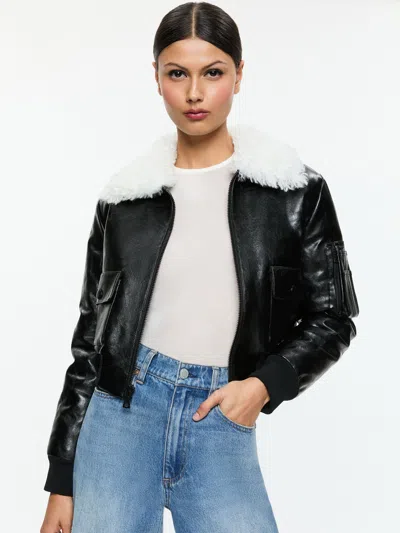 Alice And Olivia Willard Vegan Aviator Faux Fur Collar Jacket In Black