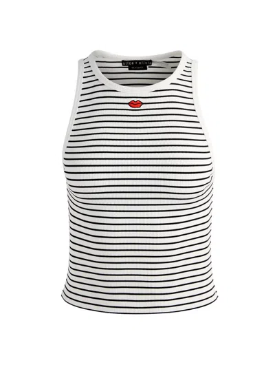 Alice And Olivia Allen Embroidered Striped Ribbed-knit Tank In White