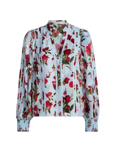 Alice And Olivia Women's Arlette Floral Lace Blouse In American Beauty Carolina Blue