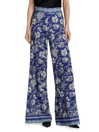 Alice And Olivia Athena Floral Wide Leg Pants In Forevermore In Blue