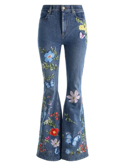 Alice And Olivia Women's Beautiful Embroidered High-rise Bell-bottom Jeans In Blue
