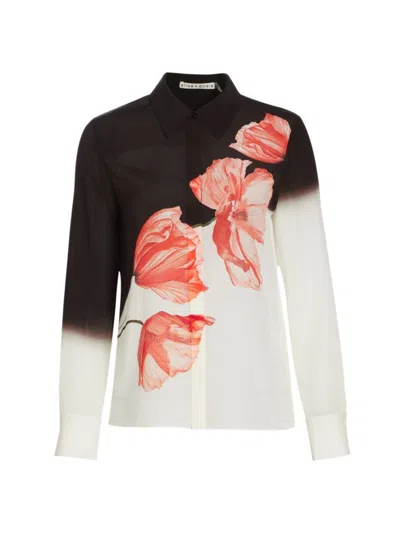Alice And Olivia Brady Silk Floral Blouse In Black Flor