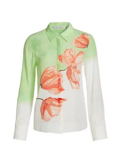 Alice And Olivia Women's Brady Ombré Floral Silk Shirt In Dream Life Sharp Green