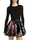 Alice And Olivia Chara Crew Neck Bubble Mini Dress With Thumbholes In The Wind Floral In Black