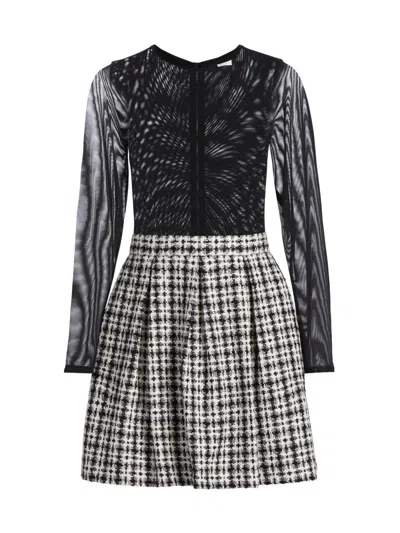 Alice And Olivia Chara Mesh And Tweed Mini Dress In Black