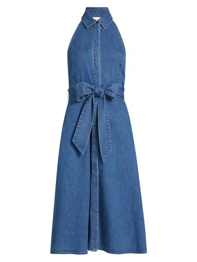 Alice And Olivia Chassidy Belted Cotton-chambray Halterneck Midi Dress In Blue