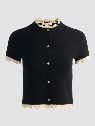 Alice And Olivia Ciara Crochet-trim Ribbed Cardigan In Black