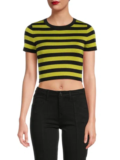 Alice And Olivia Women's Ciara Stripe Wool Blend Crop Sweater In Citrus Black