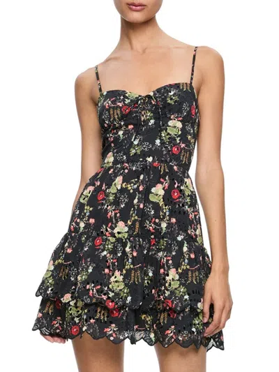 Alice And Olivia Tiered Floral-print Broderie Anglaise Cotton Mini Dress In Black