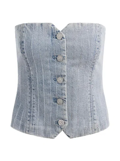 Alice + Olivia Kelcey Strapless Embellished Denim Vest In Blue