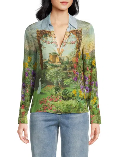 Alice And Olivia Women's Eloise Scenic-print Silk Shirt In Green
