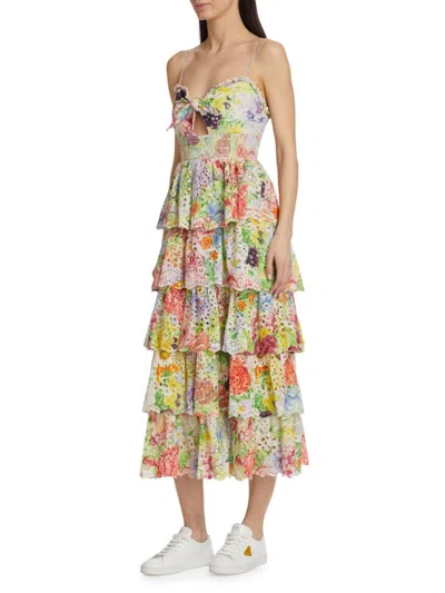 Alice And Olivia Fina Floral Embroidered Eyelet Ruffle Tiered Midi Dress In White