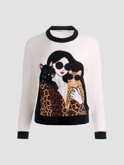 Alice And Olivia Women's Gleeson Staceface Leopard Merino Wool Pullover Sweater In Soft White Multi