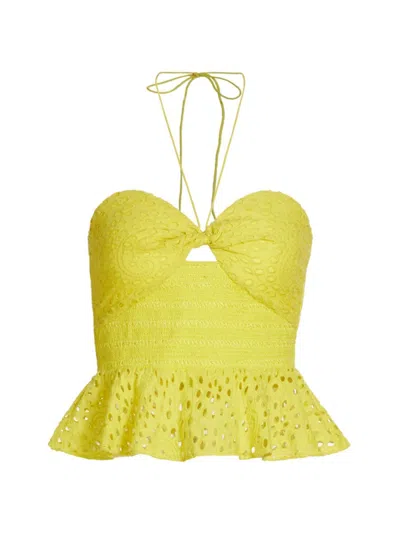 Alice And Olivia Livia Broderie Anglaise Cotton Peplum Halterneck Top In Happy Yellow