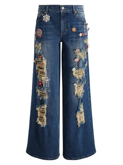 Alice And Olivia Women's Harper Distressed & Embellished Baggy Jeans In Blue