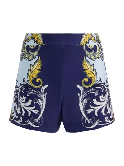 Alice And Olivia Hera Back Zip Shorts Antique Scroll In Blue