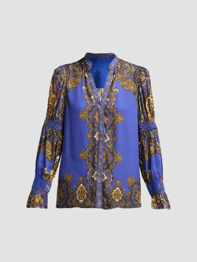 Alice And Olivia Ilan Printed Button Front Blouse In Blue
