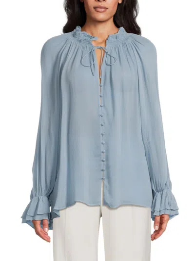 Alice And Olivia Women's Josephine Ruffled Split-neck Blouse In Blue