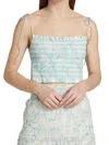 Alice And Olivia Kathlyn Cropped Ruffled Smocked Printed Voile Top In Blue White