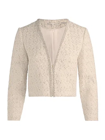 Alice And Olivia Kidman Embellished Tweed Jacket In Natural In Gray
