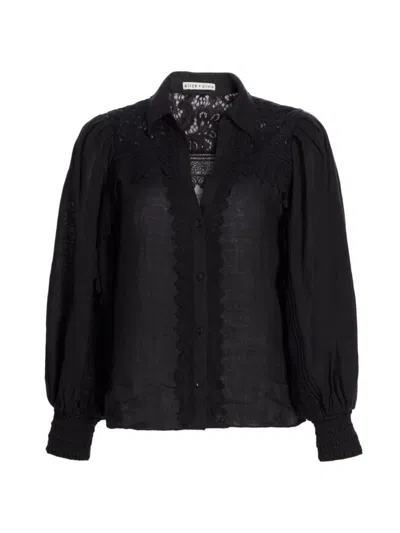 Alice And Olivia Alice + Olivia Venty Lace Detail Linen Button-up Shirt In Black
