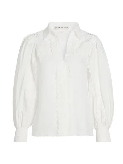 Alice And Olivia Alice + Olivia Venty Lace Detail Linen Button-up Shirt In Off White