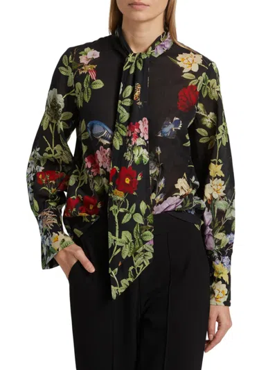 Alice And Olivia Women's Lloyd Floral Slit Sleeve Blouse In Black