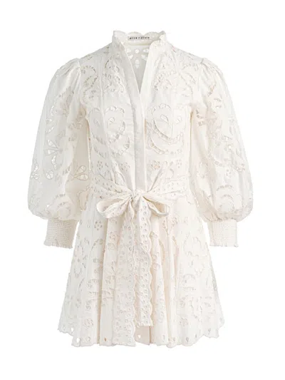 Alice And Olivia Lucy Embroidered Longsleeve Mini Shirt Dress With Tie Belt In White