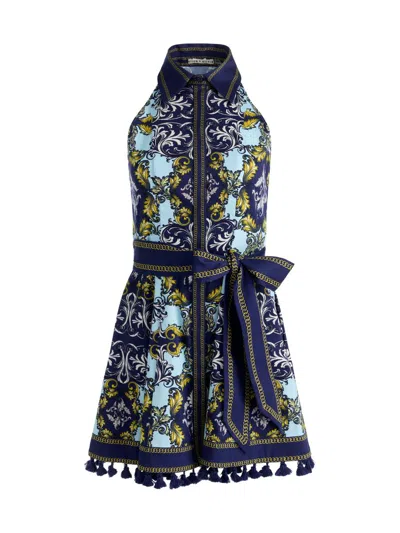 Alice And Olivia Lucy Halter Mini Shirt Dress Antique Scroll In Blue