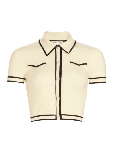 Alice And Olivia Alice + Olivia Marlena Crop Wool Blend Button-up Polo Sweater In Ecru Black