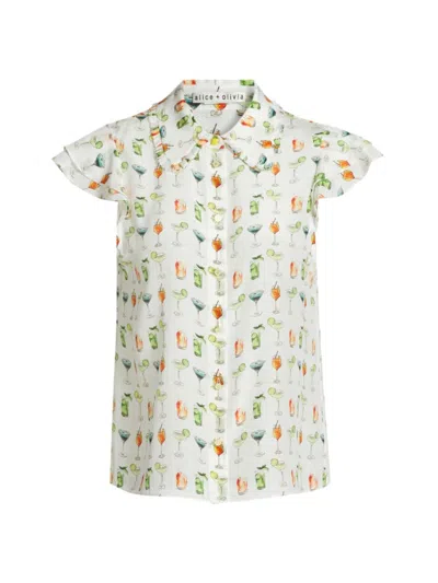 Alice And Olivia Women's Martel Cocktail-print Silk Blouse In Sweet On You Off White