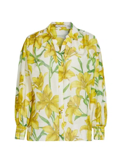 Alice And Olivia Floral Printed Maylin Long-sleeve Blouse In Yellow