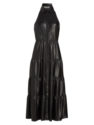 Alice And Olivia Miranda Vegan Halter Neck Tiered Midi Dress In Black