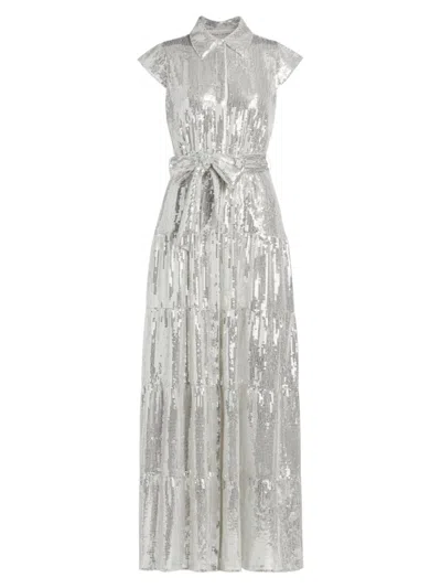 Alice And Olivia Women's Miranda Sequined Tie-waist Tiered Maxi Shirtdress In Silver