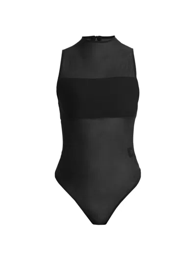 Alice And Olivia Women's Nichol Mesh Mock Turtleneck Bodysuit In Black