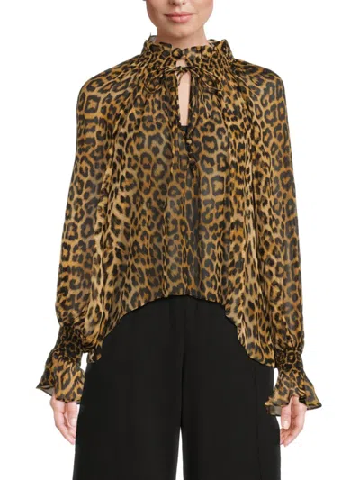 Alice And Olivia Women's Norah Leopard Print Silk Blouse In Brown
