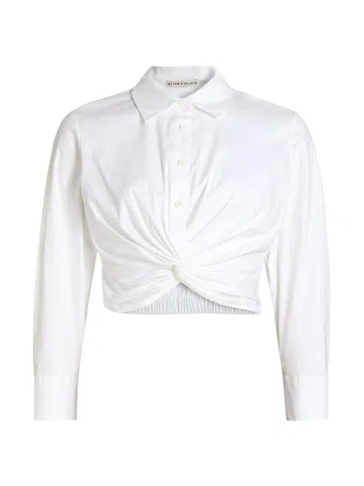 Alice And Olivia Phebe Twist Longesleeve Cropped Blouse In White